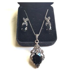VINTAGE STERLING SILVER ONYX & MARCASITE SET